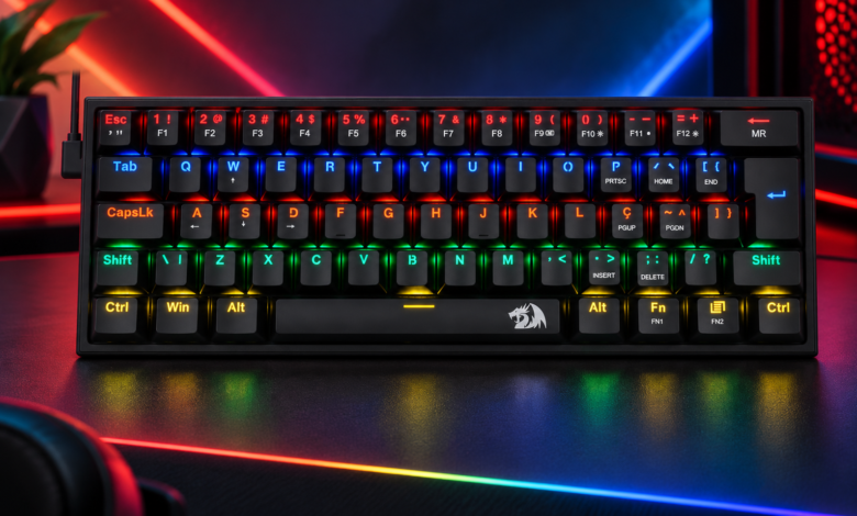 Teclado mecânico RGB em setup gamer neon